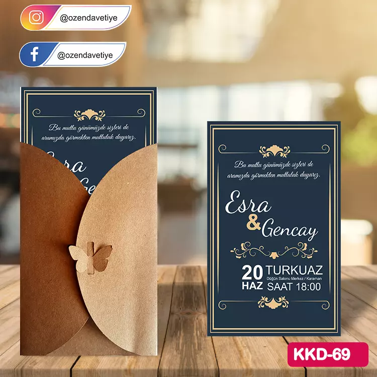 ozen-davetiye-Düğün Davetiyesi - Kelebekli Kraft Zarflı Davetiye Model No:69